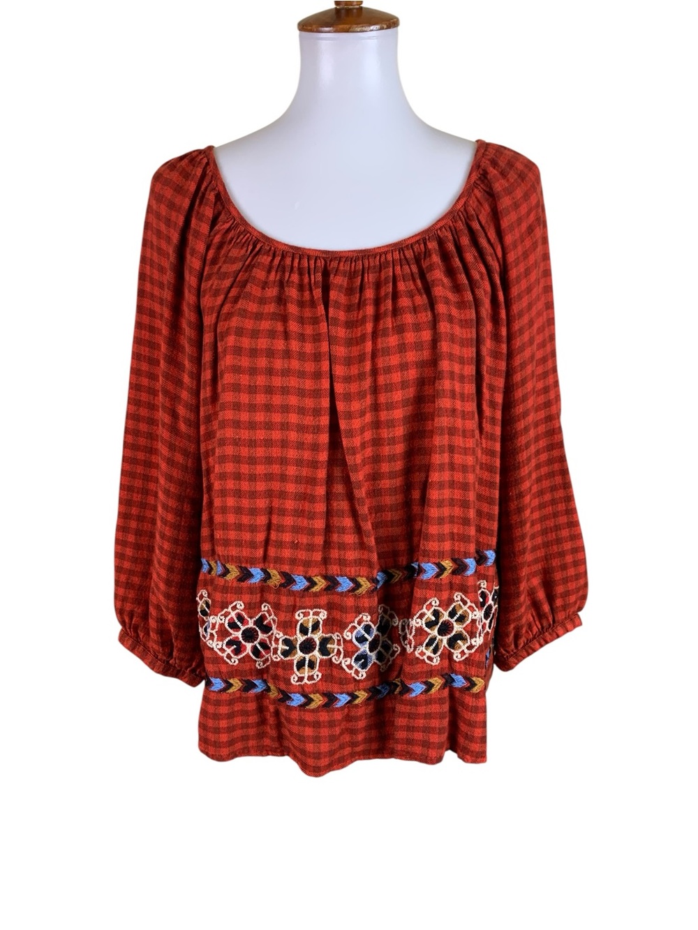 Ivy Jane Red Buffalo Plaid Embroidered Peasant Blouse Boho 3 4 Sleeve Womens M